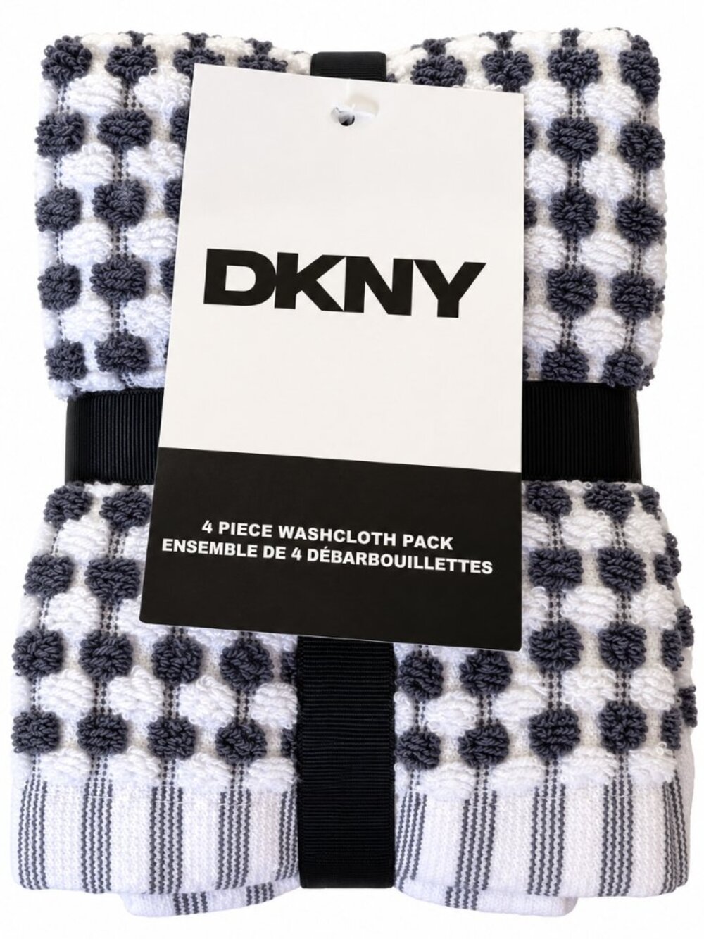 DKNY Facecloths Washcloths Set of 4 Gray White Dots Check 100% Cotton Soft